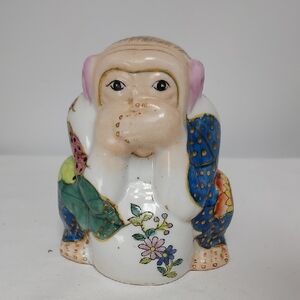 Vintage Chinese Tobacco Leaf Style Ceramic Porcelain Speak No Evil Figurine